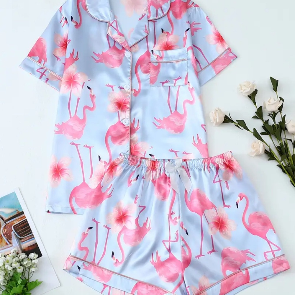 Flamingo Print Pajamas Set Pink and Blue Women's Plus Size XL